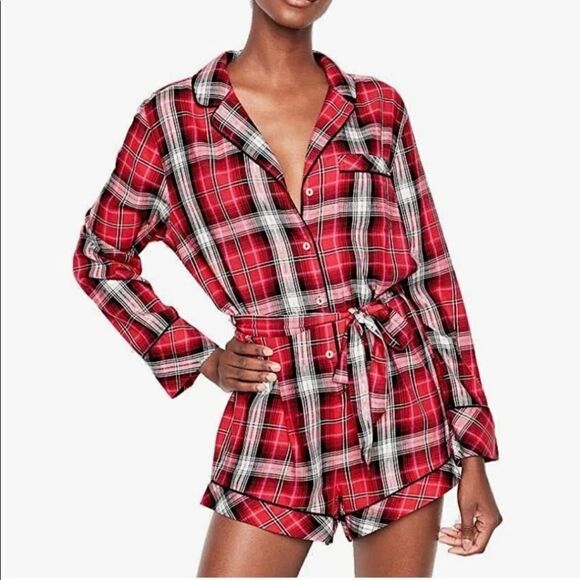 Victoria's secret flannel plaid pajama romper - Picture 1 of 13